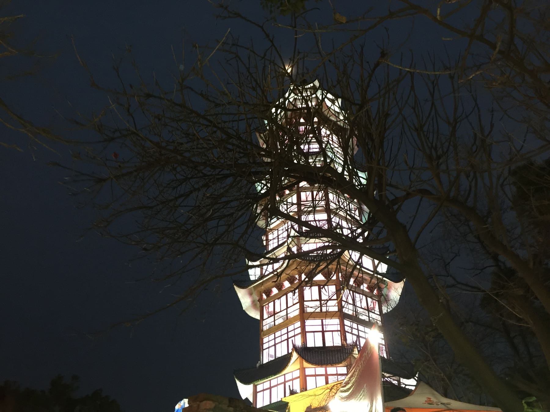 树枝间若隐若现的发光宝塔